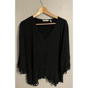 Soft Surroundings Women Top XL Black Floral Embroidered Cutout Sleeve Whimsigoth